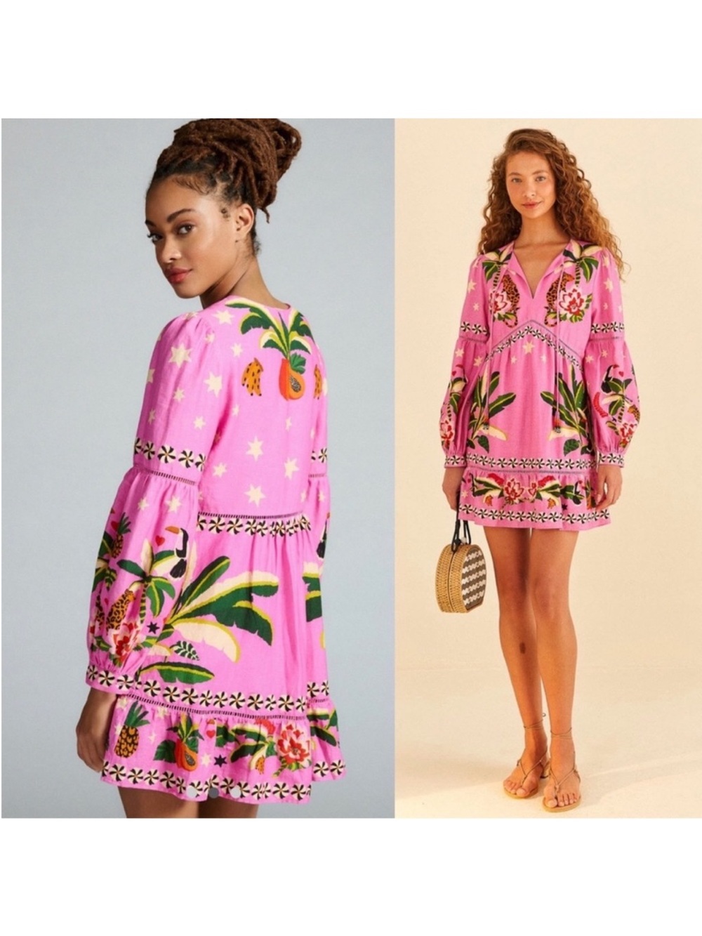 ⭐️FARM RIO Pink Tropical Leopard Pineapple Toucan Linen Mini Dress